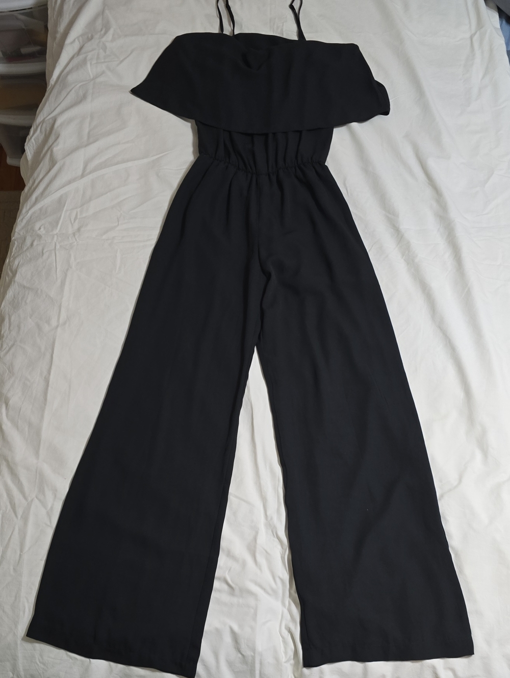 Eight Sixty Black Strapless Wide-Leg Jumpsuit with Ruffle Bodice